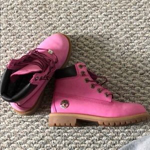 Hot pink timberland boots.